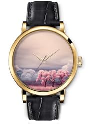 SPRAWL Aanalog Fashion Series Gold Ladies Watches of Genuine Black Leather Strap,Unique Wrist Watch for Women Girls Designed with Peach Tree