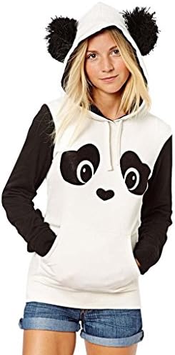 Vechell Women's Cute Panda Print White and Black Fleece Hoodie Tops