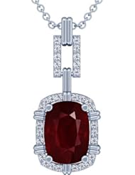 14K White Gold Cushion Cut Ruby And Round Diamond Pendant