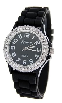 Geneva Women's Silicone Designer Watch with Baguette Stones Bezel