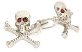 Silver plated skull and crossbone cufflinks with red siam crystal eyes with presentation box. Made in the U.S.A