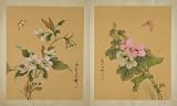 Pair of Original Chinese Watercolors on Silk -Flowers brush painting/sumi