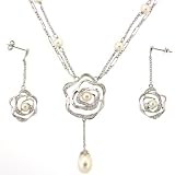Necklace Earring Mother OF Pearl Sterling Silver CZ Oval Pendant Gift Set By Bucasi