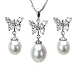 Sunlight Butterfly Drop Pearl Platinum Overlay Sterling Silver Pendant Necklace & Earrings Set, White