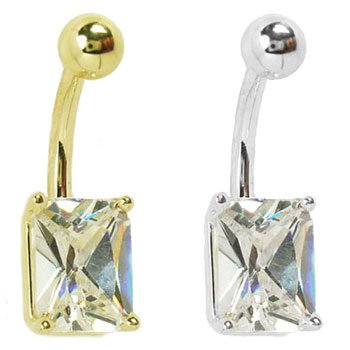 14K Gold Belly Ring with Brilliant Emerald Cut Diamond CZ