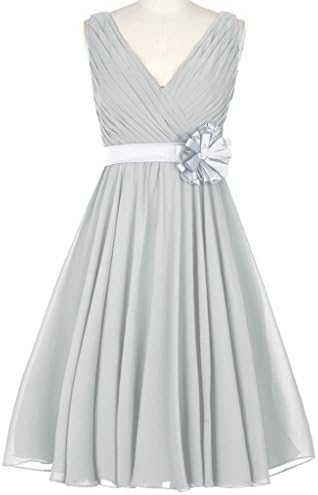 Dress U V-neck A-line Short Prom Dress Bridesmaid Dresses with Flower Sash Silver US 22W