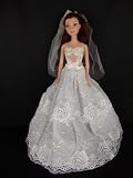 Simple White Wedding Gown With Eyelet Lace And Veil And Gloves Made To Fit The Barbie Doll