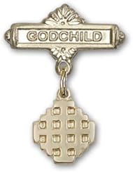 14K Gold Baby Badge with Jerusalem Cross Charm and Godchild Badge Pin
