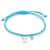 925 Sterling Silver Love Peace Sign Charm with Dangling Blue Crystal Turquoise Wax Cord Bracelet, Adjustable length 6-8 Fashion Jewelry for Women, Teens, Girls - Nickel Free
