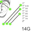 316L Surgical Steel Industrial with Design - Light Green Ball 14G, 1" 3/8 - Sold as a Pair
