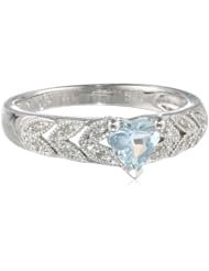 Sterling Silver, Aquamarine, and Diamond Heart Ring (0.05 cttw, G-H Color, I2-I3 Clarity)