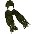 Winter Crochet Flower Knit Beanie Hat with Ski Scarf Pockets Mitten Olive 2pc Set