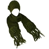 Winter Crochet Flower Knit Beanie Hat with Ski Scarf Pockets Mitten Olive 2pc Set