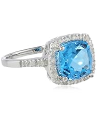 Sterling Silver Cushion Swiss Blue Topaz Diamond Ring (0.14 cttw, I-J Color, I2-I3 Clarity), Size 7