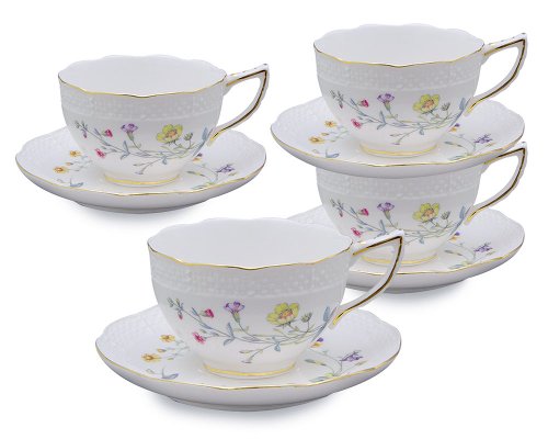 Gracie China Carolines Wild floral 8-Ounce Porcelain Cup and Saucer, Set of 4, Green