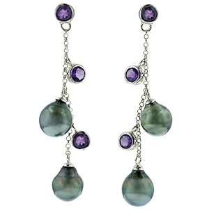 Sterling Silver Amethyst & 8-9mm Tahitian Pearl Drop Earrings