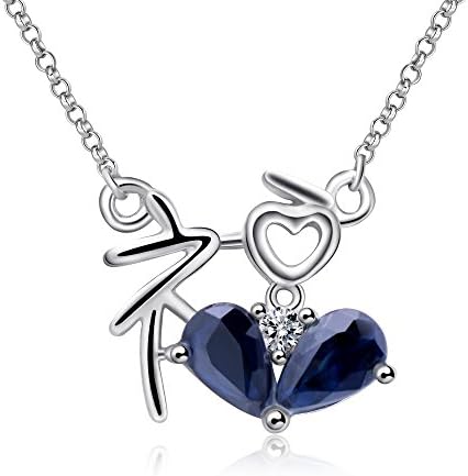 Sterling Silver "LOVE "Heart Pendant Necklace With Natural Blue Sapphire Gemstone For Women