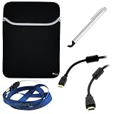 GTMax Black Neoprene Sleeve Case + Gold Plated Mini HDMI STD Black Cable + Silver Universal Stylus with Flat Tip + Neck Strap Lanyard for Asus Eee Pad Transformer TF101 ; Archos 9 PC Tablet ; Creative ZiiO 10