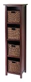 Winsome Wood Milan Wood 5 Tier Open Cabinet in Antique Walnut Finish and 4 Rattan Baskets in Espresso Finish