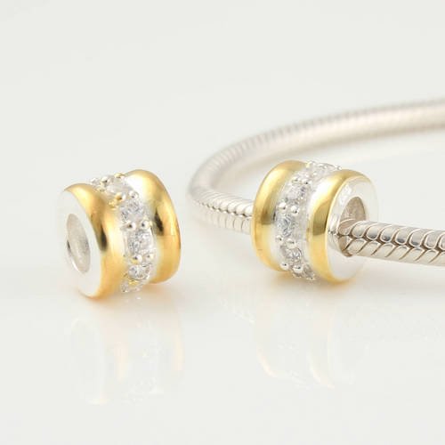 925 Sterling Silver 14k Gold Plated Bead with Clear Cz April Birthstone Charm for Pandora, Biagi, Chamilia, Troll and More Bracelets