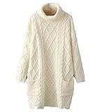 （プレシャスセレクト）Precious select 秋冬 レディース ケーブル編み ニットワンピース ニット セーター ポケット付き 長袖 ラウンドネック カジュアル ガーリー ゆったり ひざ丈 選べる5色 フリーサイズ (ホワイト)