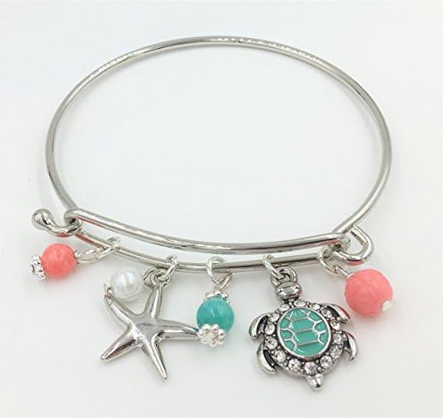 Ocean Bracelet, Bangle Bracelet, Charm Bracelet, Sea Turtle Charm Jewelry, Peach Coral and Mint Bracelet, Starfish Jewelry