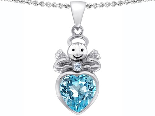 5.01 cttw 14k White Gold Plated 925 Silver Love Angel Pendant with 10mm Simulated Aquamarine Heart and Genuine Diamond