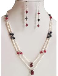 2 Rows Elegant Natural Faceted Ruby, Sapphire & Fresh Water Pearl Beaded Necklace with Free Earrings