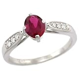 14k White Gold ( 7x5 mm ) Stone Engagement Ruby Ring w/ 0.19 Carat Brilliant Cut Diamonds & 0.85 Carat Oval Cut Stone, 5/16 in. (8mm) wide, size 6.5