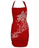 Red Tight Fitting Sexy Knit Dress Stone Accented Flower Print