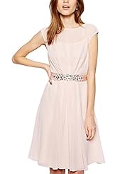 Round Neck Elasticized   Waistline Chiffon Cap Sleeves Pleated Club Dress 