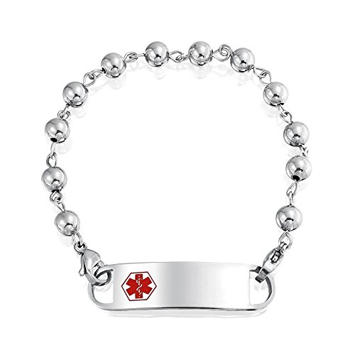 Bling Jewelry Stainless Steel 6mm Ball Medical Alert ID Bracelet 7.5in