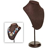MyGift Brown Woven Fabric Freestanding Necklace Display Bust / Jewelry Stand w/ Adjustable Metal Stand