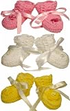 NEW ARRIVAL 100% PERUVIAN NEWBORN 0-3 MONTHS BABY GIRLS BOOTIES - SHOES (ABANICO) CROCHETED HANDMADE X 3 PAIRS WHITE, BABY PINK, BABY YELLOW WARM AND SOFT