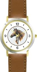 Stallion and Colt in Circle - JP - Horse - WATCHBUDDY&reg; DELUXE TWO-TONE THEME WATCH - Arabic Numbers - Brown Leather Strap-Children's Size-Small ( Boy's Size & Girl's Size )