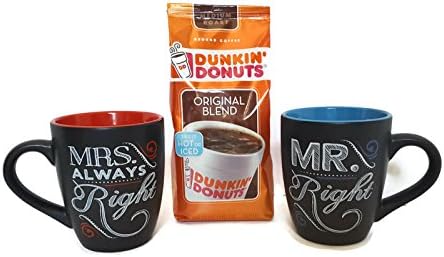 Mr. &amp; Mrs. Right Decorative Chalk Talk Coffee Mugs 11oz Gift Set Bundle with Dunkin' Donuts Original Blend 12oz - Bundle of 3 Pieces