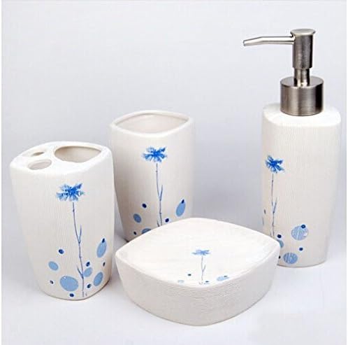 Popular Design Elegant blue flowers texture stripe ceramic bathroom four-pieces set / wash kit / Home Accessories