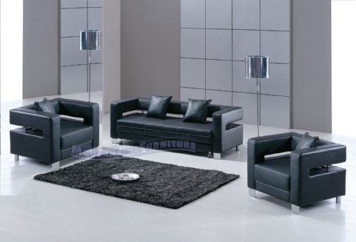 Modern Black Leather Sofa (Sleeper)  Two Chairs 