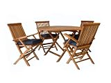 Teak Round Dining Folding Table Armchairs Set 5 Pcs - Outdoor Patio Furniture
