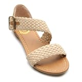 Ollio Women's Braided Strap Flat Sandal Beige Shoes