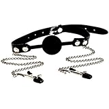 Ball Gag Black Silicone with Chained Nipple Clamps and adjustable pressure by HappyNHealthy