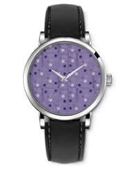 SPRAWL Aanalog Fashion Series Silver Ladies Watches of Genuine Black Leather Strap,Unique Wrist Watch for Women Girls Designed with Purple and white stars