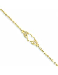 14K Gold Polished Antiqued Heart Anklet 10 Inches