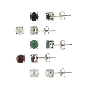 Buy Sterling Silver 5mm Round Genuine Ruby, Sapphire, Emerald, Opal and Pearl Stud Earrings Set by SilverSpeck.com