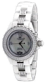 Oniss #ON8891-L Women's Stainless Steel Trim Crystal Accented White Ceramic Watch