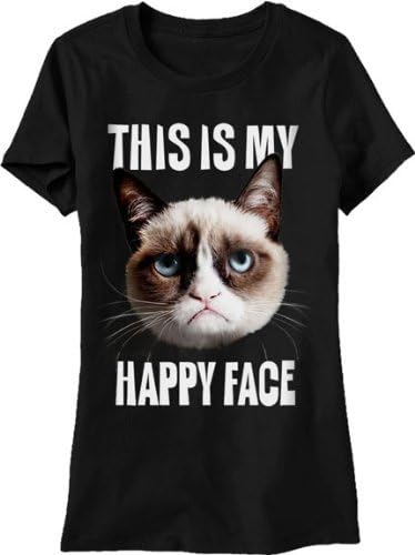 Grumpy Cat This is My Happy Face Juniors Black T-Shirt (Juniors Small)