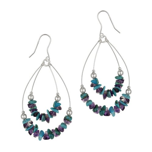 Sterling Silver Turquoise and Amethyst Chip Double Swing Drop French Wire Earrings