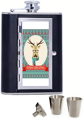 Christmas Hipster Deer Mustache Glasses Pipe Custom Personalized Printed 6oz Black Faux Leather Hip Flask