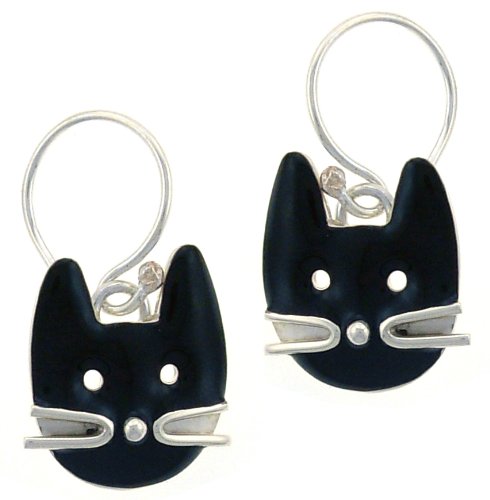 Black Cat Face Enameled & Sterling Silver Dangle Earrings