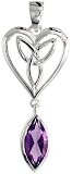Sterling Silver Heart-shaped Celtic Pendant, w/ Marquise Cut Natural Amethyst Stone, 1 5/16" (40mm) tall